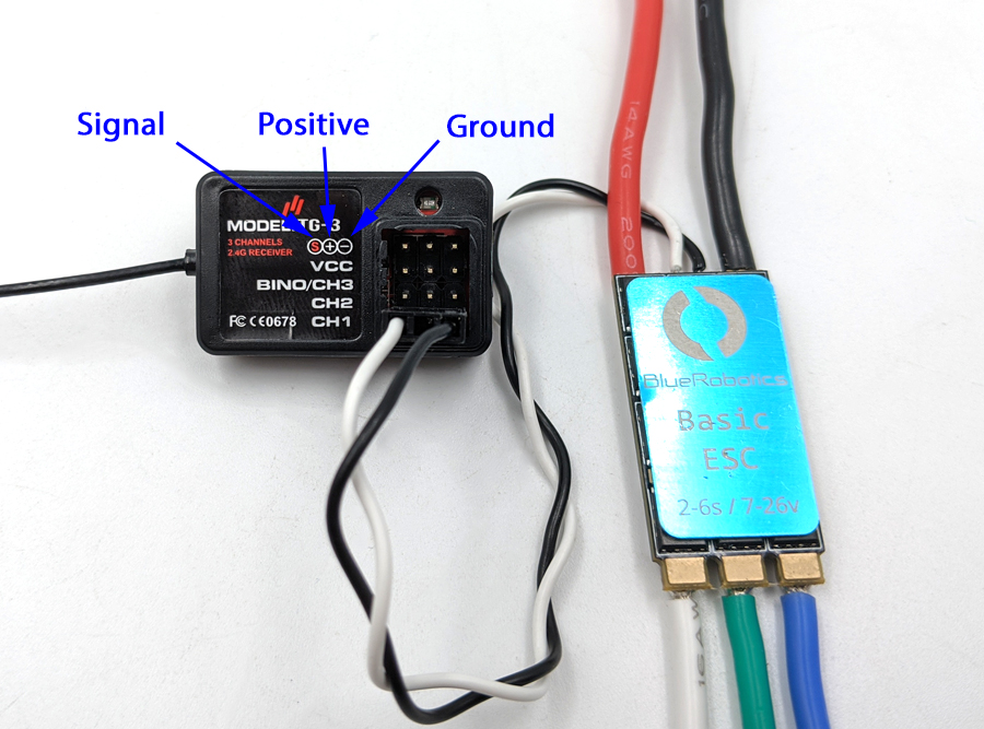 ESC servo connector connected to RC receiver.